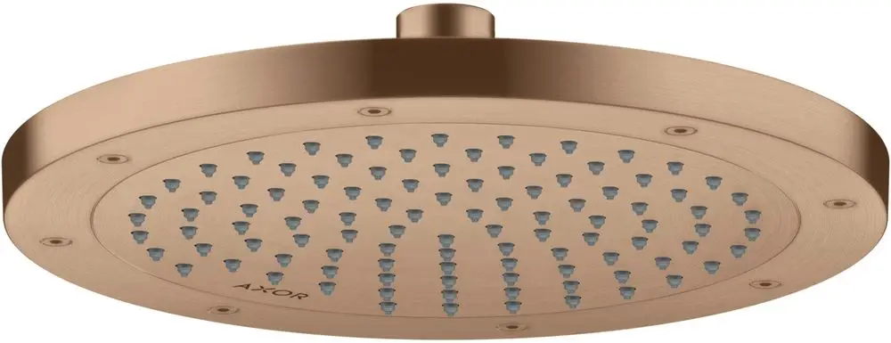 Duschkopf von AXOR in brushed red gold mit kreisförmigem Design und mehreren Düsen für Wasserauslass.